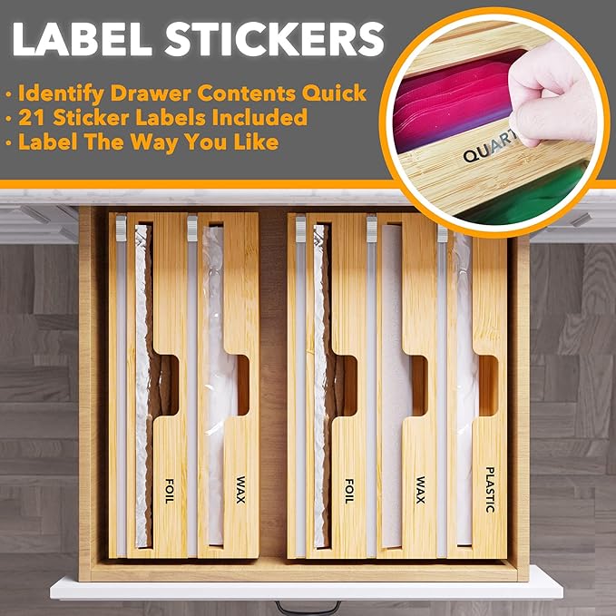 SpaceAid WrapNeat 3 in 1 Wrap Organizer with Cutter and Labels, Plastic Wrap, Aluminum Foil and Wax Bamboo Dispenser for Kitchen Storage Organization Holder for 12" Roll (Natural, 3-Slot)