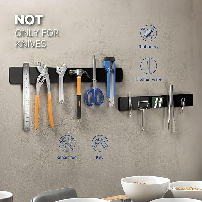 Magnetic Knife Holder for Wall, Acacia Wood Knife Magnetic Strip No Drill Knife Magnet Storage Bar Magnetic Tool Key Holder Strip for Kitchen Utensil Organizer (Black, 24 Inch)
