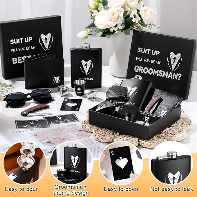 Mimorou 88 Pcs Groomsmen Proposal Gifts - Shot Glasses, Stainless Steel Ice, Flask, Funnel, Gift Boxes, Sunglasses, Knives, Bottle Opener, Cards, Wallets for Wedding Groomsmen Present Set