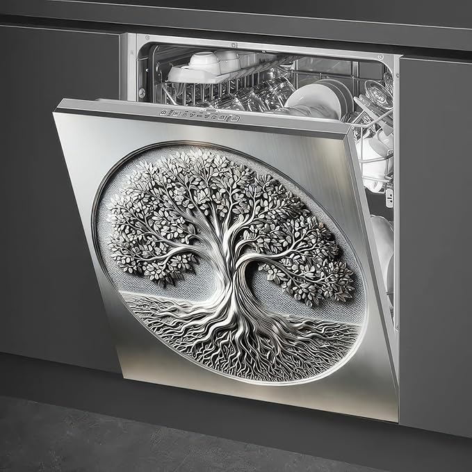 BlissYard Sliver Metal Tree of Life Dishwasher Magnet Cover Skin Panel 23x26 Inch Magnetic Dishwasher Covers Decorative Appliances Refrigerator Cupboard Magnet Cover Kitchen Decoration