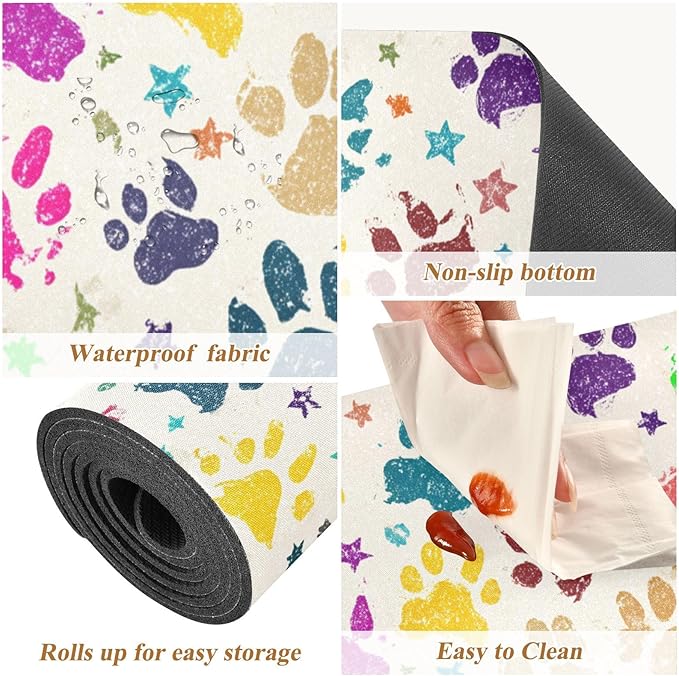 2 in 1 Table Runner Trivet for Hot Pots and Pans Heat Resistant Non Slip Waterproof 39 x 12 Inch Decorative Table Protector for Kitchen Countertop Colorful Paw Prints and Stars