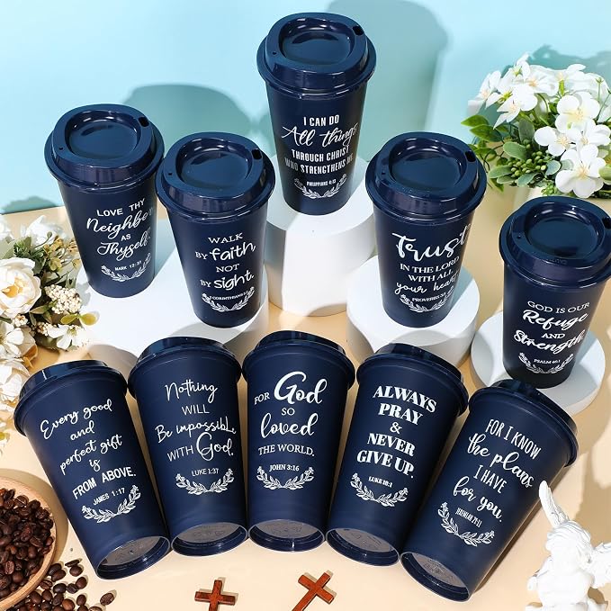 Skylety 20 Pack Bulk Christian Gifts for Men Women 16oz Reusable Bible Verse Tumbler Plastic Coffee Cup with Lid Inspirational Religious Church Gift for Teacher Graduation Party Favor (Blue)