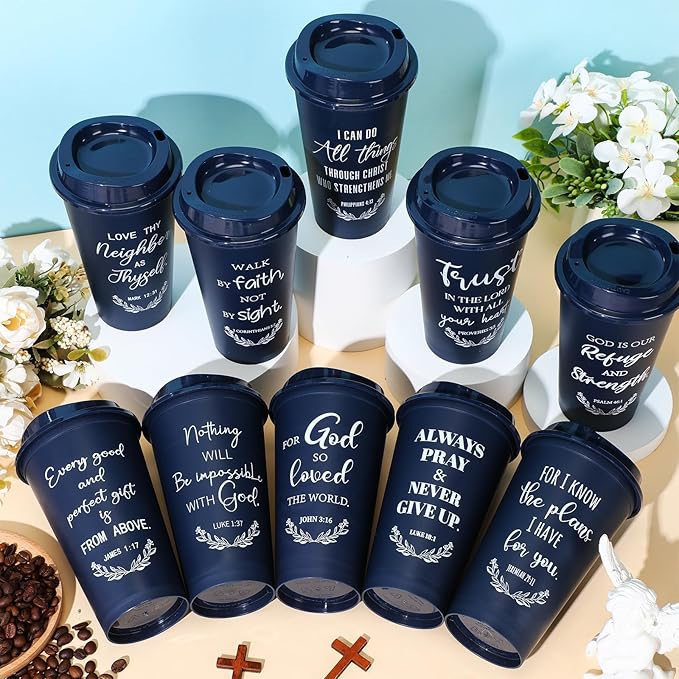 Skylety 40 Pack Bulk Christian Gifts for Men Women 16oz Reusable Bible Verse Tumbler Plastic Coffee Cup with Lid Inspirational Religious Church Gift for Teacher Graduation Party Favor (Blue)