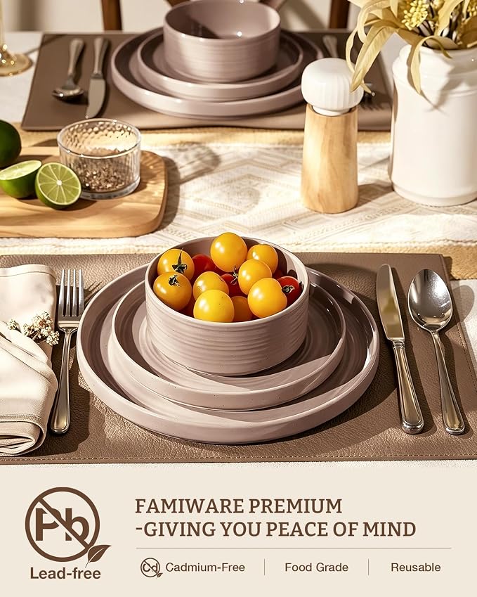 Stoneware Dinnerware Sets for 6, 18-Piece High Edge Plates and Bowls with Speckled Glaze & Spiral Design - Chip & Scratch Resistant, Microwave & Dishwasher Safe - Gift Box, rown