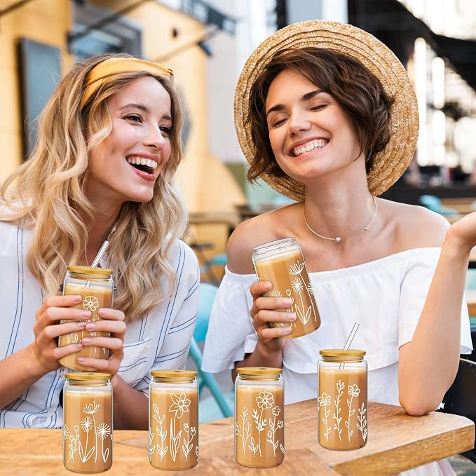 Mumufy 4 Pack Glass Cups Gift Aesthetic Cute Glass Cup Tumbler Flower Iced Coffee Mugs 16 oz with Bamboo Lid & Straw, for Wedding Birthday Bridesmaid Mom Baby Shower