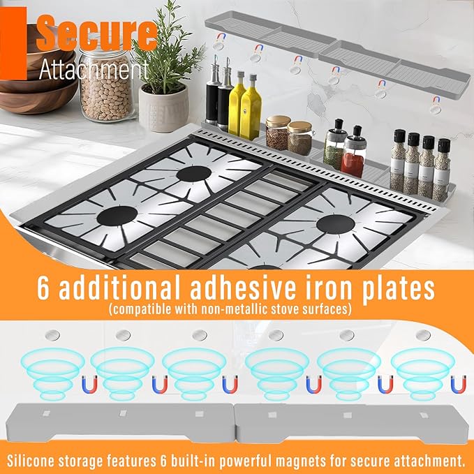 Stove Gap Covers Stainless Steel 2PC(0.08"–0.7" W,13.8"–27.5" L)+30"(2×15") Silicone Magnetic Stove Shelf+4PC Gas Burner Covers|Heat Resistant Non-Stick Range Accessories,Bonus Cleaning Brushes