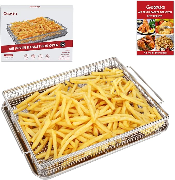 Geesta 304 Stainless Steel Air Fryer Basket for Oven with 50 Recipes, 2 Piece Crisper Tray & Basket, Air Fryer Accessories for Crispy Foods Healthy Cooking, Dishwasher Safe, 12.5” x 9.5”