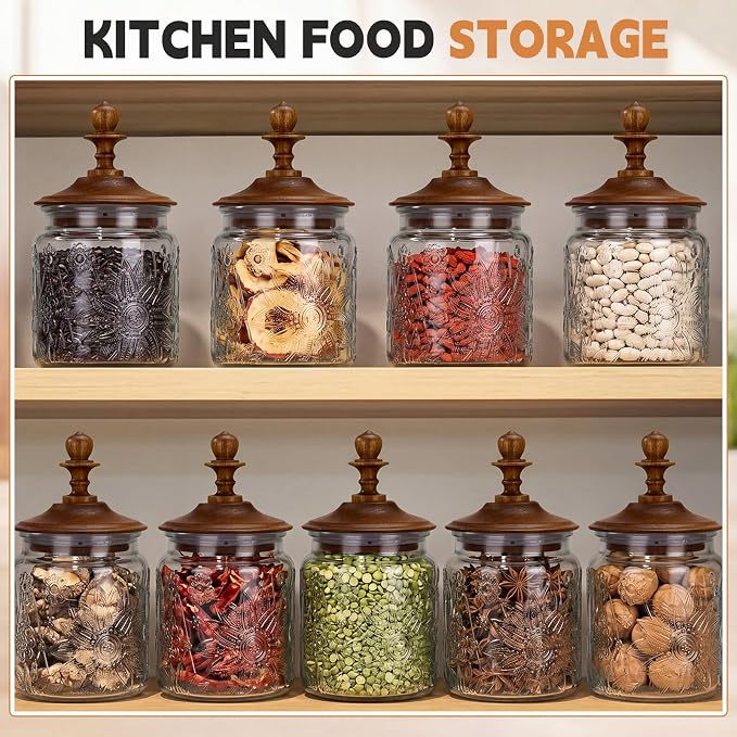 Suclain 6 Pack 17 Oz Vintage Glass Jars with Wooden Crown Lids, Decorative Jars with Graden Pattern, Airtight Glass Food Storage Containers for Tea Coffee Spice Pantry Organization