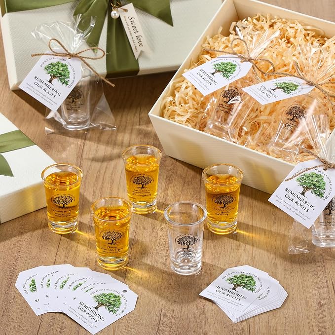 Roshtia 100 Sets Family Reunion Party Favors 5 Styles Adult Family Tree Acrylic Shot Glasses with Inspirational Card and Bag Adult Reunion Gifts