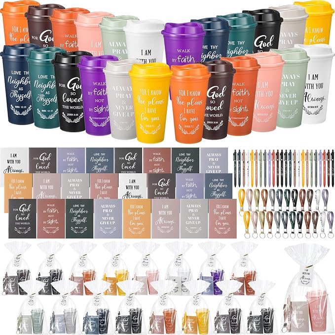 Willinglong 24 Sets Christian Gifts for Women Men 16 oz Reusable Bible Verse Cups with Lids Mini Spiral Notebooks Pens Keychain Card Religious Gift for Coworker Staff Team Church Sunday School