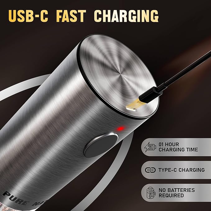 Pure Nature Electric Salt and Pepper Grinder Set with Rechargeable Base – Stainless Steel, Large Capacity, LED Light, 5 Adjustable Coarseness Levels, Refillable, Type-C Fast Charging