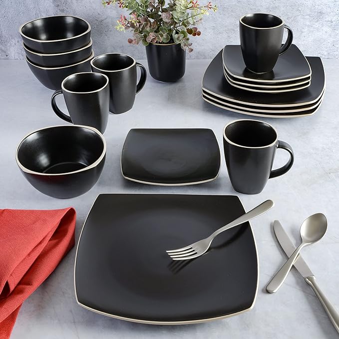 Gibson Home Soho Lounge Dinnerware Set, Service for 4 (16pcs), Matte Black
