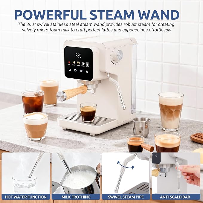 Touchscreen Espresso Machine with Steam Wand, 40.6oz Water Tank | Milk Frother for Cappuccino, Latte, Compact Design, Quick Thermoblock Heating System, 40.6oz Removable Water Tank