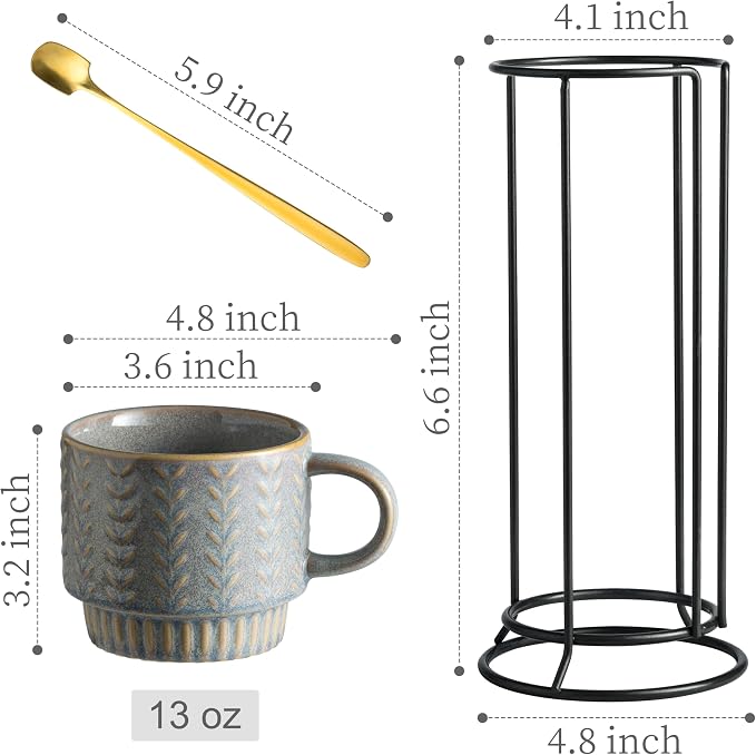 Miamolo Coffee Mugs Set of 4 with Stand and Spoons, Dishwasher Safe | Stackable, 13oz, for Espresso Drinks Latte Cappuccino Tea, Ceramic Coffee Cup for Housewarming Birthday Gift, Rustic