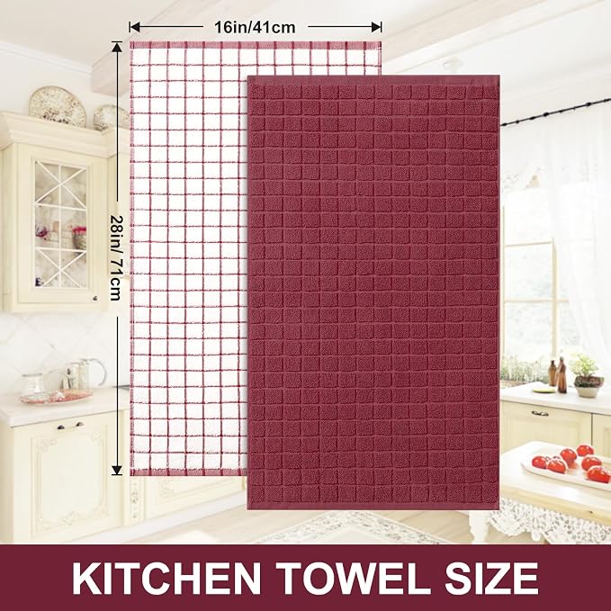 Homaxy Premium Cotton Kitchen Towels 16"x 28", Large Natural Ring Spun 390 GSM Dish Towels, Super Absorbent Terry Kitchen Hand Towels, Soft Tea Towels with Hanging Loop, Red Check Design, 4 Pack