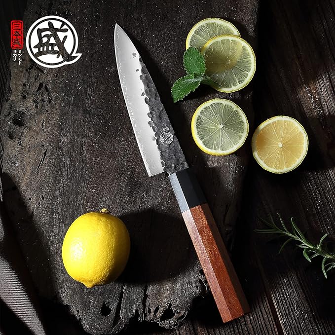 MITSUMOTO SAKARI 4-Piece Japanese Chef Knife Set, San-Mai 9Cr18MoV | Gyuto Santoku Nakiri Paring, Deep-Cryo Heat Treatment, Tsuchime Food Release, Rosewood Handles, Sandalwood Box