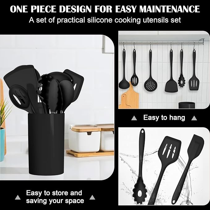 HaWare 20PCS Kitchen Gadgets Set, 14PCS Silicone Kitchen Cooking Utensils Set and 6PCS Mixing Bowls with Airtight Clear Lids (Size 4.6, 3, 1.5QT), Black