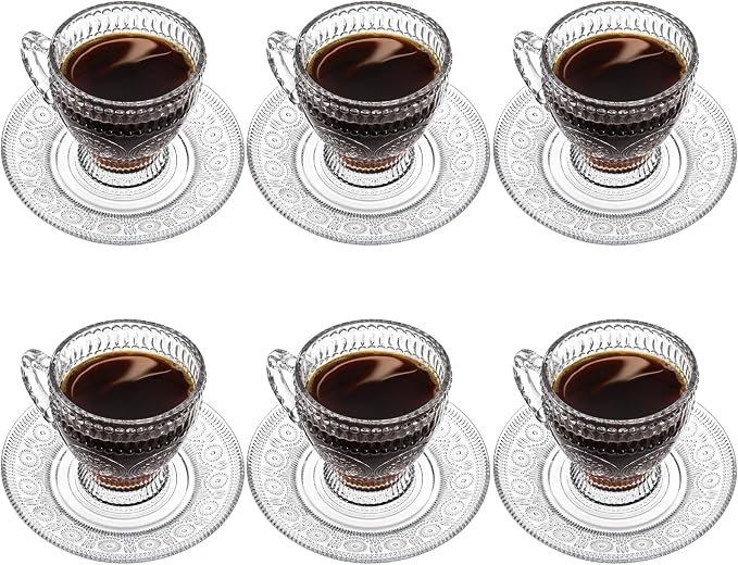 Kingrol 6-Piece Embossed Glass Mug Set with Saucers, 7 oz Vintage Tea Cups with Handle, Clear Glass Coffee Mugs for Latte, Cappuccino, Espresso, Hot or Iced Drinks