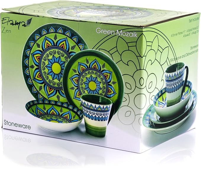 Elama Zen Green Mozaik 16 Piece Luxurious Stoneware Dinnerware with Complete Setting for 4, 16pc