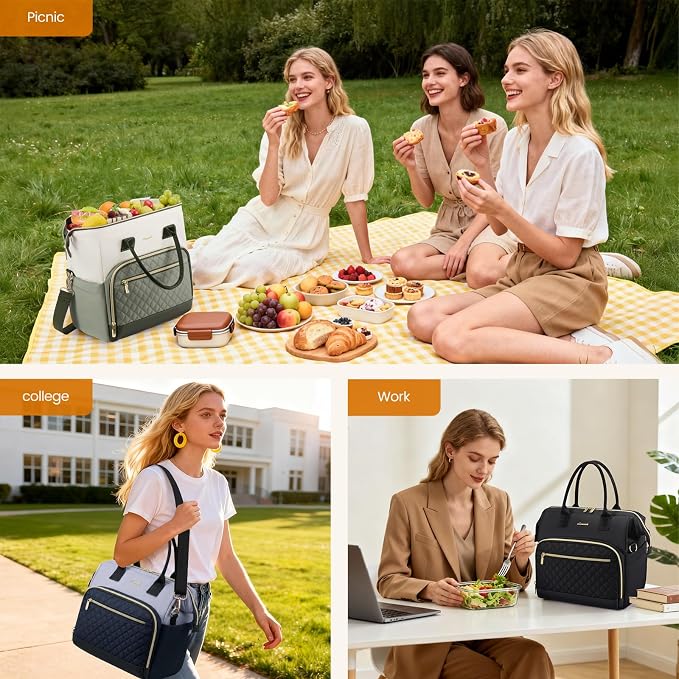 LOVEVOOK Lunch Bag Women, Insulated Adult Lunch Box for Women Work, Wide Opening Leakproof Cooler Tote Bag for Office Campus Picnic Beach with Shoulder Strap, Loncheras Para Mujer with Cup Holder