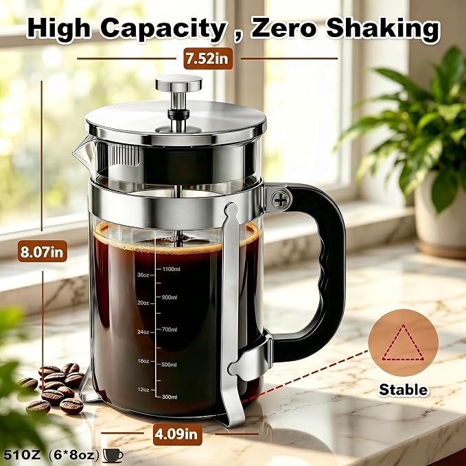QUQIYSO French Press Coffee Maker, Large French Press with Thick Borosilicate Glass, 304 Stainless Steel Filter, Teapot & Coffee Maker for Home, Office, Party, 51oz, Silver