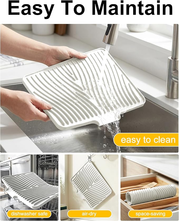 Silicone Dish Drying Mat for Kitchen Counter, Non-Slip Drain Pad with Built-in Drain, Heat Resistant Dish Drying Pad, Multi-Use Drying Mat, Dishwasher Safe & Hangable, Cream, 19.7" x 15"
