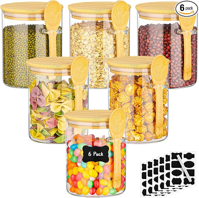 Glass Jars with Bamboo Lids and Spoon - 6 Pack 26 Fl.oz Round Glass Canister with Airtight Lid, Includes Labels and Marker, Flour Sugar Containers Jar for Loose Tea, Cereal, Coffee Bean, Cookie