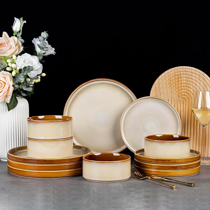 LeRatio Ceramic Dinnerware Sets for 4,Round Reactive Glaze Ceramic Plates and Bowls Set,Highly Chip and Crack Resistant | Dishwasher & Microwave Safe Dishes Set,Service for 4 (12pc)-Kahki