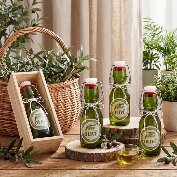 Queekay 20 Pack Mini Swing Top Glass Bottles for Vanilla Extract Homemade Olive Oil Bottles with Lids Airtight Cap Lids Labels for Wedding Baby Shower Favors(4 oz,Olive Green)