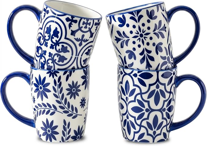 glowworm Coffee Mugs, 16 Ounce Ceramic Coffee Cups Set of 4, Large Latte Cups with Handle for Tea, Mocha, Milk, Perfect for Family Kitchen & Holiday Gifts, Dishwasher & Microwave Safe, Blue & White