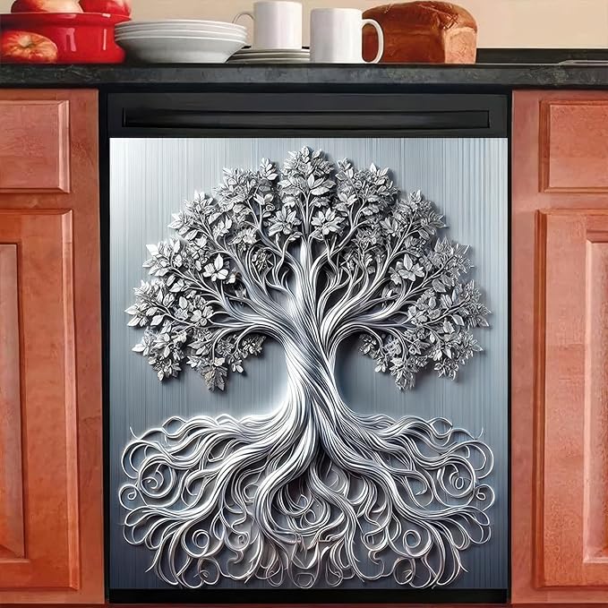 BlissYard Tree of Life Dishwasher Magnet Cover Skin Panel Magnetic Dishwasher Covers Decorative Sliver Metal of Life Front Door Magnet Cover Home Appliances Dishwasher Refrigerator Cupboard 23x26 Inch