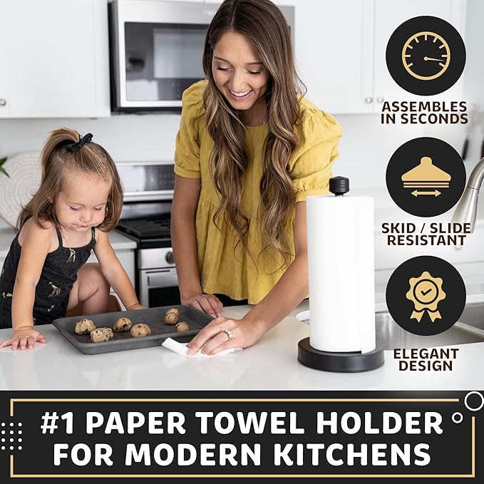 Heavy-Duty Stainless Steel Paper Towel Holder - Easy One-Handed Tear with Suction Cups - Modern Weighted Standing Countertop Dispenser for Kitchen - Holds All Paper Towel Rolls, Black