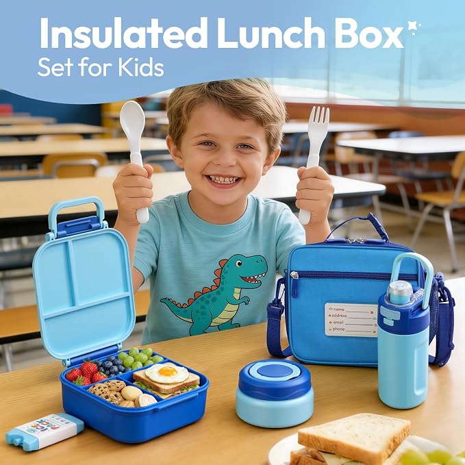 Itslife Bento Box for Kids Set, Insulated Food Container,Kids Lunch Box, 7 oz Thermos for Hot Food, 12 oz Thermos Water Bottle, Reusable Insulated Ice Bag & Fork Spoon Utensils Camping Travel Blue