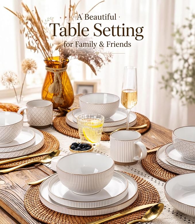 GBHOME Stoneware Dinnerware Sets Service for 4, 12 Piece Embossed Plates and Bowls Set, Elegant Ceramic Dish Set, Chip Resistant, Microwave & Dishwasher Safe, Off white（stackable)