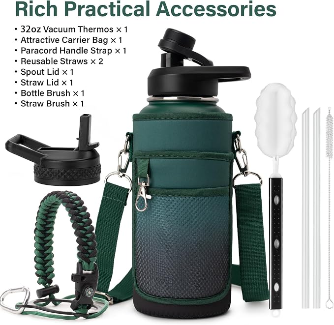 DYSANKY Insulated Water Bottle | Thickened Stainless Steel Vacuum Metal | Portable Sports Water Jug for Gym and Hiking with Straw, Carrier Bag, Handle Strap | BPA-Free 32 oz