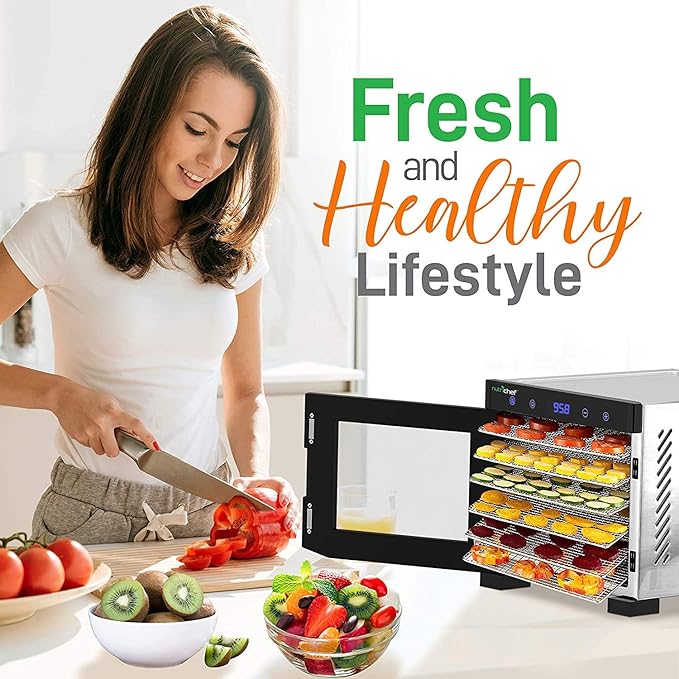 NutriChef Electric Countertop Food Dehydrator Machine - 600-Watt Premium Multi-Tier Meat Beef Jerky Maker Fruit/Vegetable Dryer w/ 6 Stainless Steel Trays, Digital Timer,Temperature Control NCDH6S , BLACK