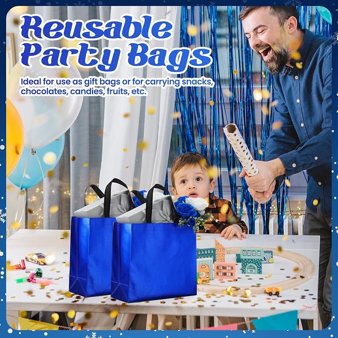 Eccliy Reusable Gift Bags Set Glossy Grocery Gift Tote Bag with Handle for Wedding, Bridal Shower, 4th of July, Summer Event(12 x 11 x 4.7 I Inch,Blue,80 Pcs)