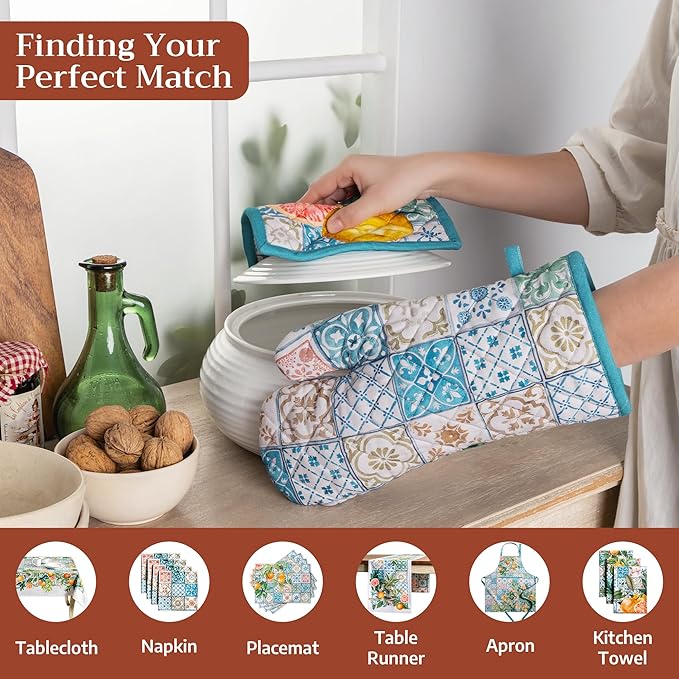 Maison d' Hermine Pot Holders 100% Cotton Heat Resistant Potholders 8" x 8" Hot Pads with Loop BBQ Cooking Baking Gifts for Mothers Day Handling Hot Pans Spring/Summer (Pack of 1, Agrume)