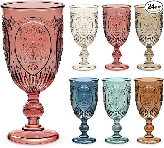 Wiwiqing 24 Pcs Plastic Goblets 7.5oz Vintage Goblet Plastic Wine Glasses Colored Retro Embossed Water Goblets for Wine Bar Juice Baby Shower Wedding Reception Grand Event Party (Mixed Color)