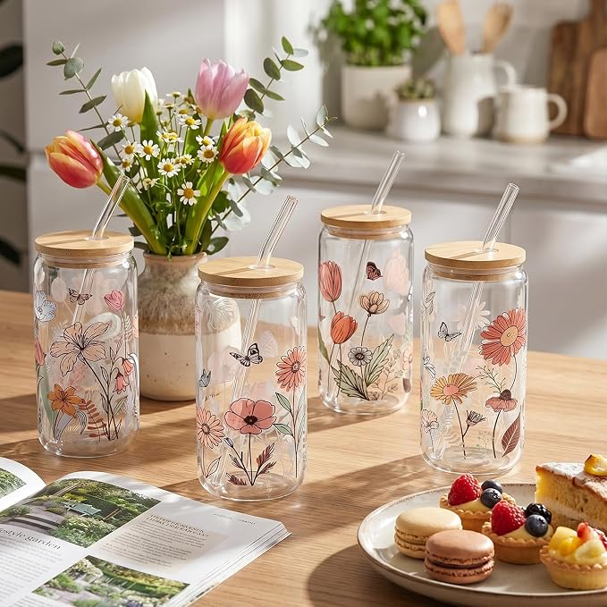 Mumufy 8 Sets Vintage Flower Glass Cups with Clear Gift Bag 16 oz Reusable Colorful Iced Coffee Mugs Aesthetic Cute Tumbler with Lids and Straws, Gifts for Girls Women Bridesmaid