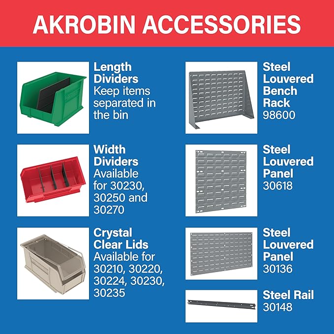 Akro-Mils 30235 AkroBins Plastic Storage Bins, Space-Saving Stackable Bins for Garage, Pantry, Craft Organization, 11" x 11" x 5", Blue, 6-Pack