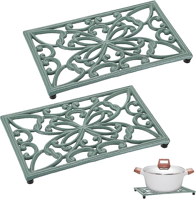 Sumnacon Cast Iron Trivet 2 Pack Rectangle Iron Trivets for Hot Dishes Pots Pans Plates Teapots,10x 6 Inch Metal Trivets for Kitchen Dining Table Cooktop Heat Resistant Trivet with Rubber Feet,Green