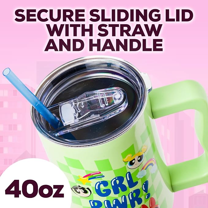 Silver Buffalo The Powerpuff Girls Girl Power Groovy Retro Featuring Blossom, Bubbles, and Buttercup Double Walled Stainless Steel Tumbler with Handle and Straw, Fits in Standard Cup Holder, 40 Ounces
