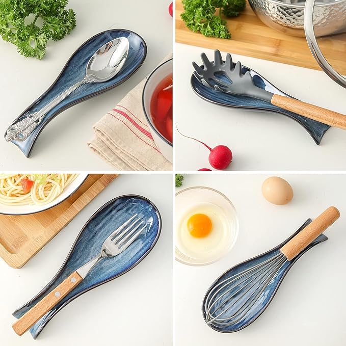 Ceramic Spoon Rest for Stove Top, Large 8.7 Inch Spoon Holder for Kitchen Counter, Porcelain Utensil Rest for Ladle, Spatula, Housewarming Gift, Dishwasher Safe and Heat-Resistant, Blue, Set of 2