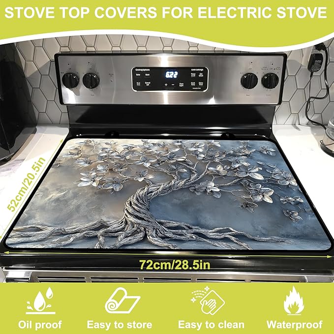 Glass stove top cover 28"x 20", Stove Top Covers for Electric Stove, Flat Range Mat for Glass Cooktop, Kitchen Heat-Resistant Protector Mat Non-Slip Drying Ma (Silver Tree)