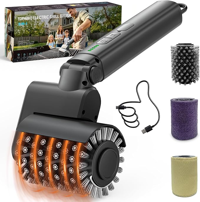 Electric Grill Brush for Outdoor Grill - Cordless Rechargeable 5000mAh BBQ Cleaner with 3 Speed & 3 Brush Heads Adjustable Angle High-Torque Power Rotary Grill Cleaning Brush Safe for All Grill Type