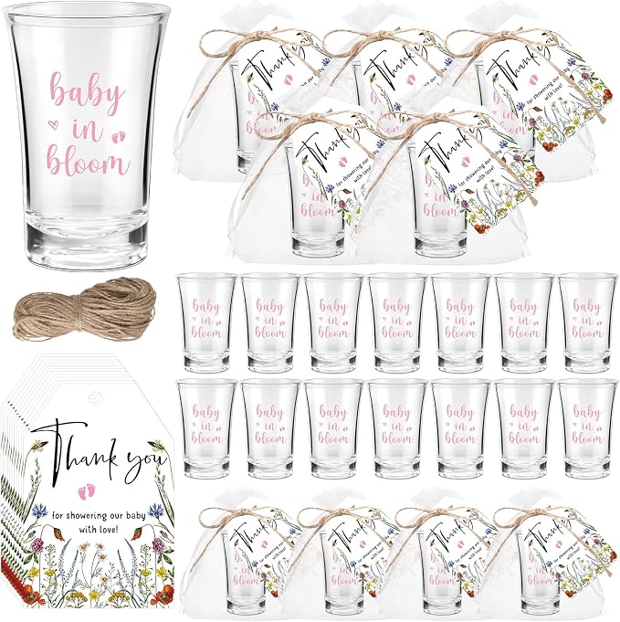 Pickmesh 50 Sets Baby in Bloom Baby Shower Shot Glasses for Guests Include Acrylic Clear Shot Glasses Spring Wildflower Cards Organza Bags Girl Favors for Gender Reveal Party Supplies