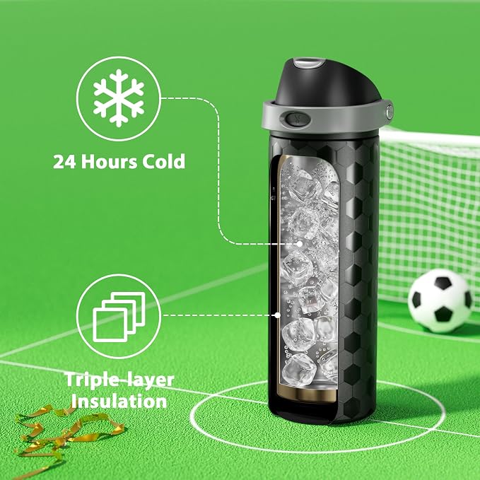 24 oz Insulated Water Bottle for Sports: Meoky Stainless Steel Soccer Water Bottle with 2-in-1 Lid - Leak Proof, Cold for 24 Hours, Fits in Car Cup Holder, Soccer Gifts for Boys Girls, Arena Night