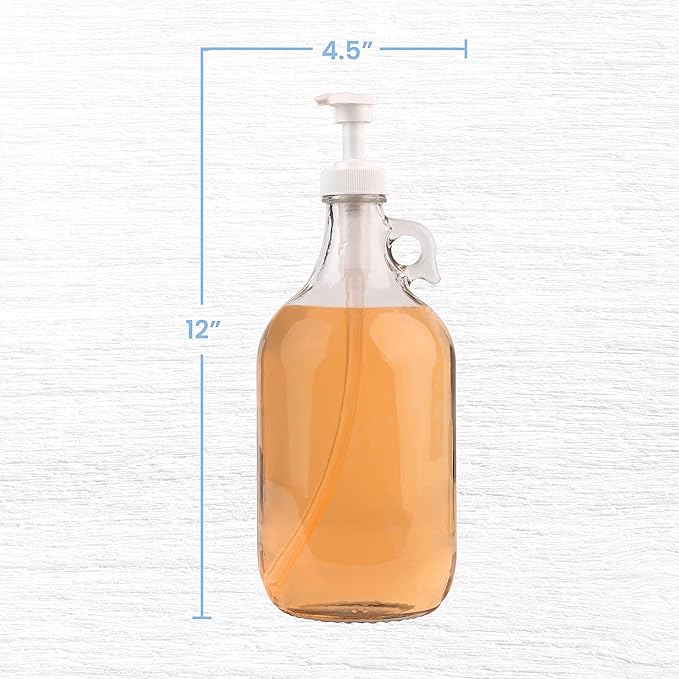 kitchentoolz Half Gallon Glass Laundry Detergent Dispenser with Pump, 64 oz Large Liquid Laundry Soap Dispenser Jug for Fabric Softener, Syrup and Laundry Room Use, Made in USA