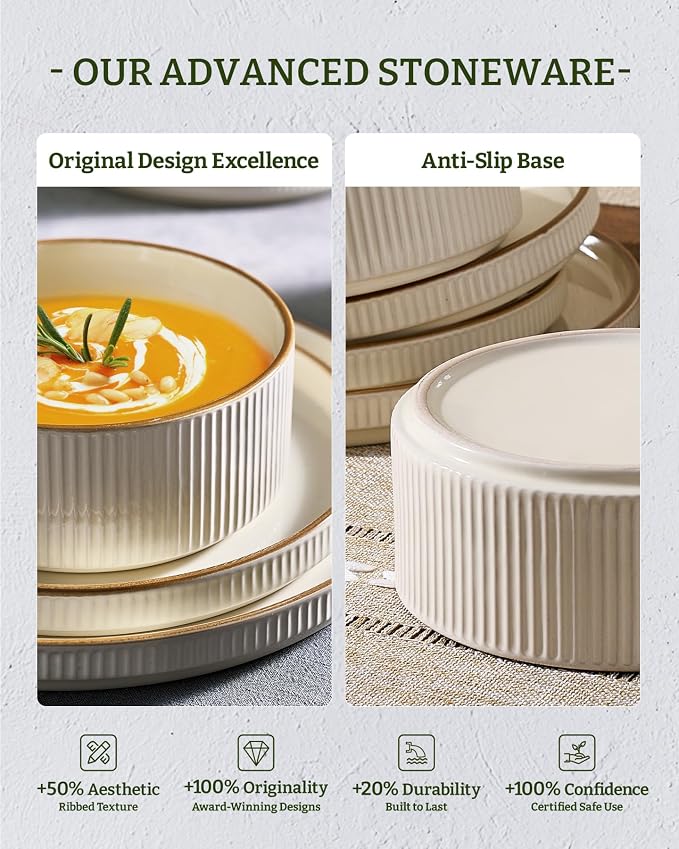 Famiware Star 16-Piece Stoneware Dinnerware Set with Trim, Service for 4 -Ceramic Mugs, Plates and Bowls, Modern Rustic Dishes with High Edge, Chip/Scratch Resistant, Microwave/Dishwasher Safe, Cream
